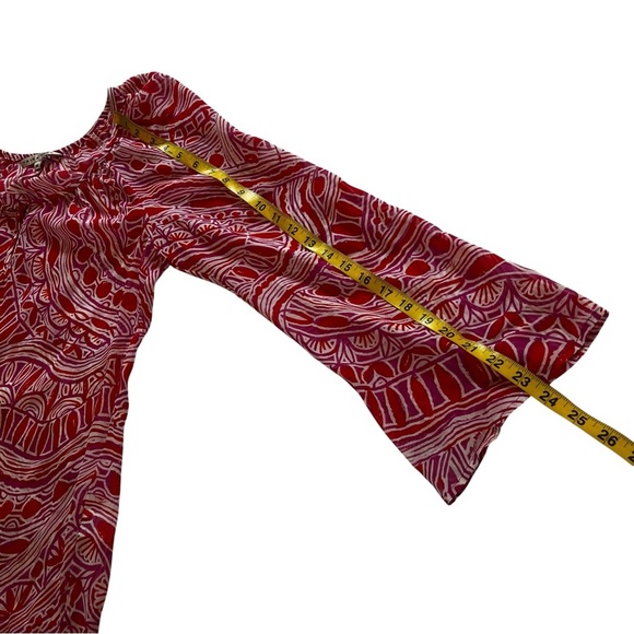 Trina Turk Silk Blend Printed Peasant Blouse keyhole neck relaxed semi sheer M - Picture 9 of 15